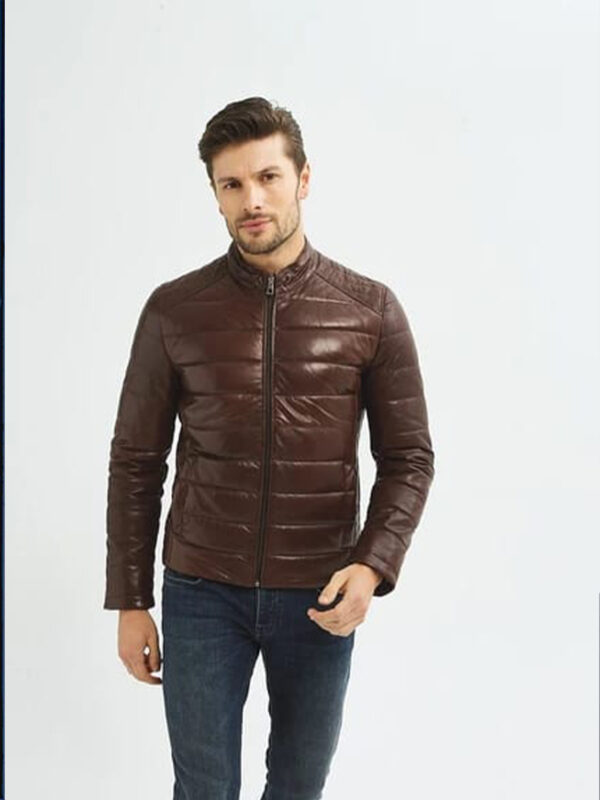 Men's Brown Leather Puffer Jacket