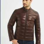 Men's Brown Leather Puffer Jacket