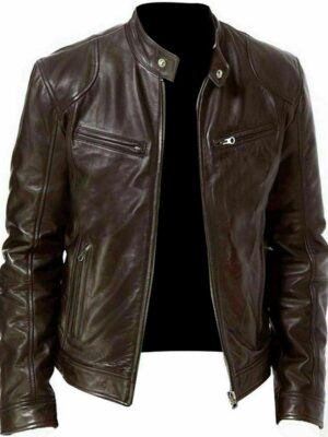 Men Brown Genuine Lambskin Motorcycle Leather Jacket
