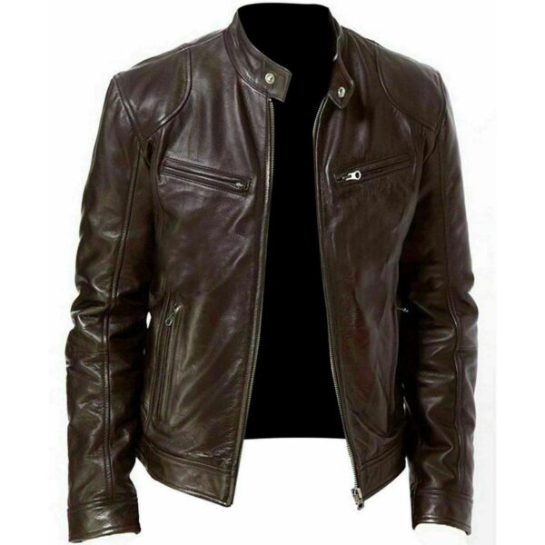 Men Brown Genuine Lambskin Motorcycle Leather Jacket