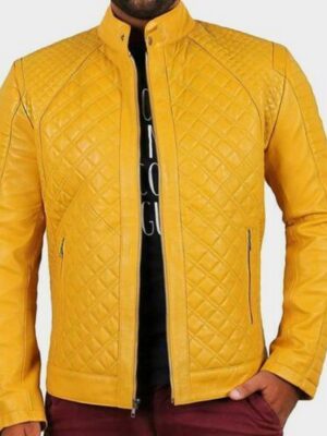 Mens Yellow Genuine Lambskin Motorcycle Leather Jacket