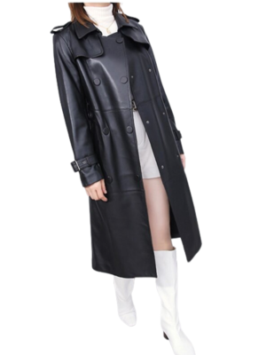 Women's Black Leather Long Trench Coat