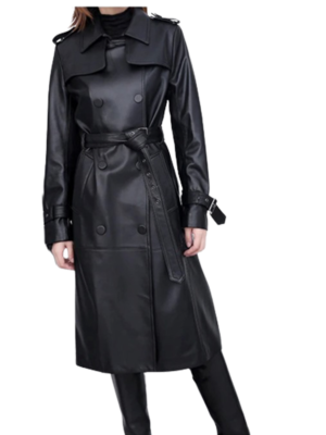 Women's Black Leather Long Trench Coat