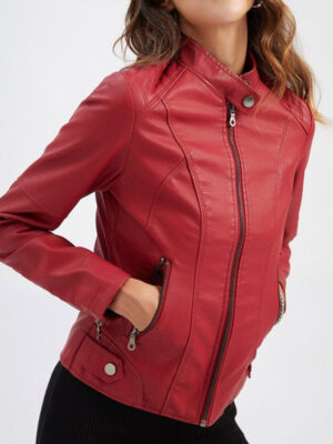 Tomilor Women's Red Leather Short Jacket