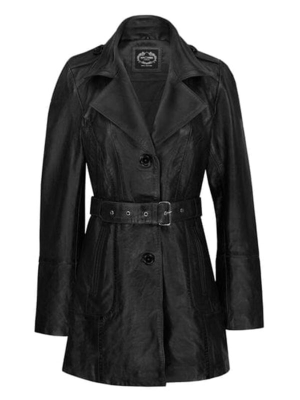 Tomilor Women Black Leather Trench Coat