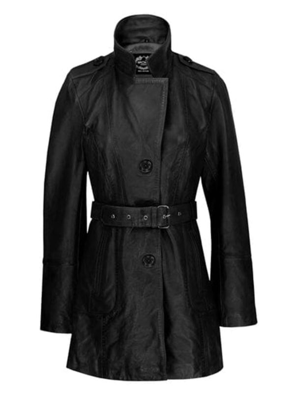 Tomilor Women Black Leather Trench Coat