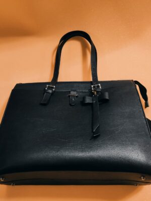 Women's Black Leather Organizer Hand Bag