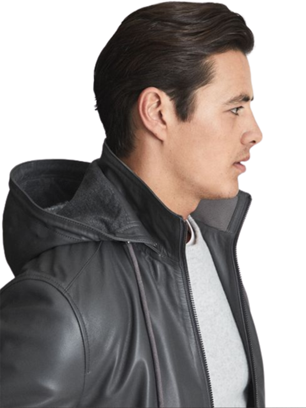 Men's Grey Leather Hooded Jacket
