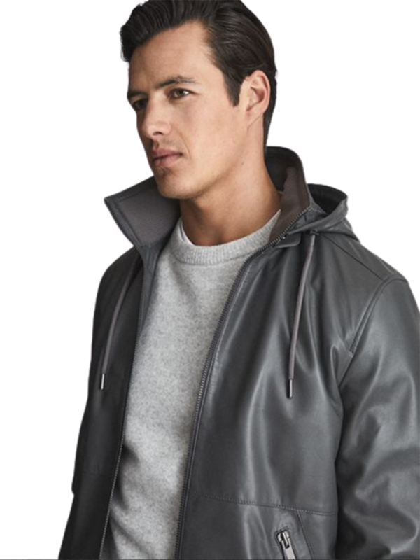 Men's Grey Leather Hooded Jacket