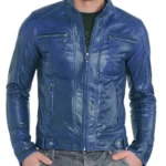 Men's Blue Leather Zipper Jacket