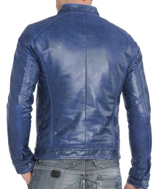 Men's Blue Leather Zipper Jacket