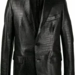 Men's Black Leather Croco Print Blazer