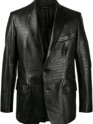 Men's Black Leather Croco Print Blazer