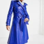 Women's Blue Leather Trench Coat