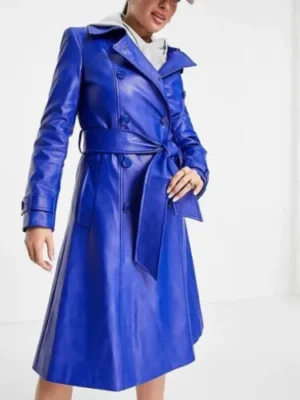 Women's Blue Leather Trench Coat