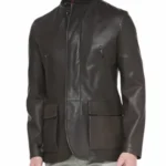 Men's Black Leather Concealed Button Sport Jacket
