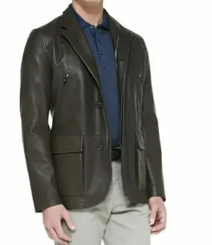 Men's Black Leather Concealed Button Sport Jacket