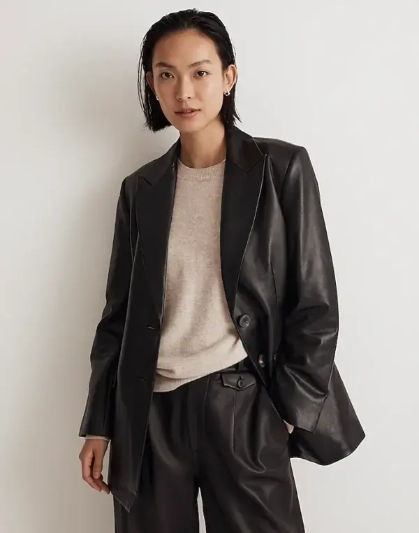 Women Black Genuine Leather Over sized Blazer Coat