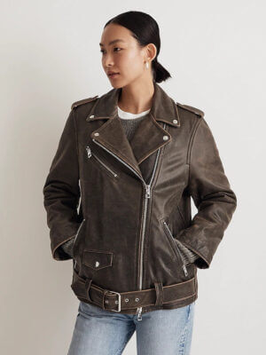 Women's Two Tone Vintage Leather Biker Jacket