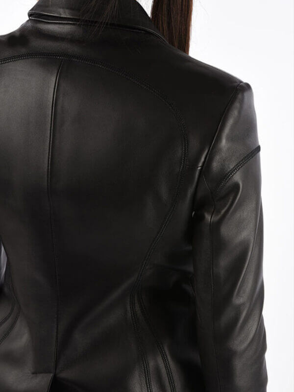 Women Button Sport Leather Jacket Peak Lapel