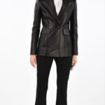 Women Button Sport Leather Jacket Peak Lapel