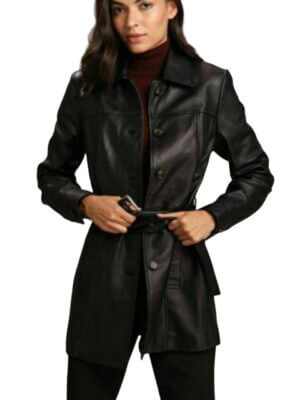 Women's Black Leather Trench Coat Real Soft Lambskin Stylish Belted Over Coat