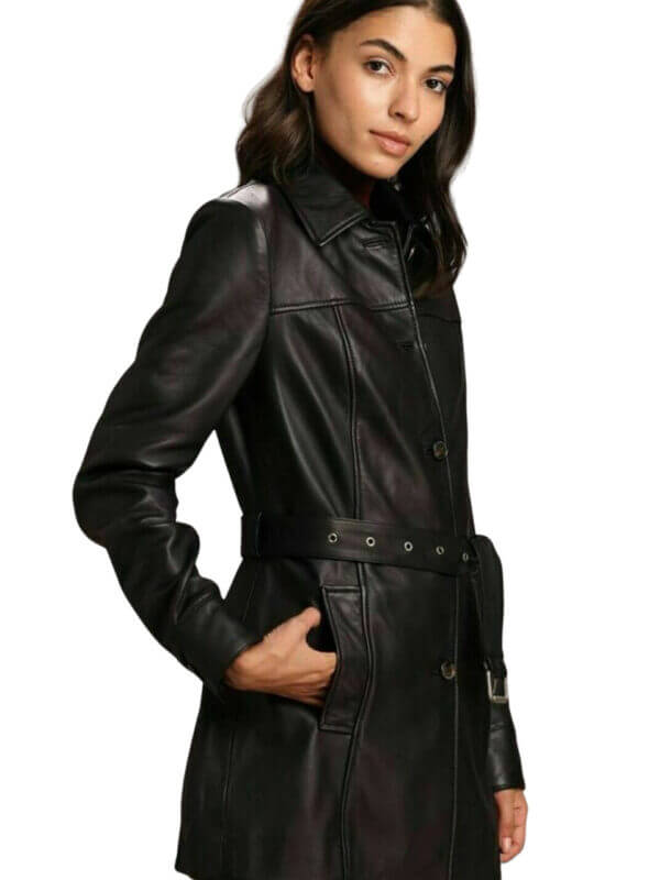 Women's Black Leather Trench Coat Real Soft Lambskin Stylish Belted Over Coat